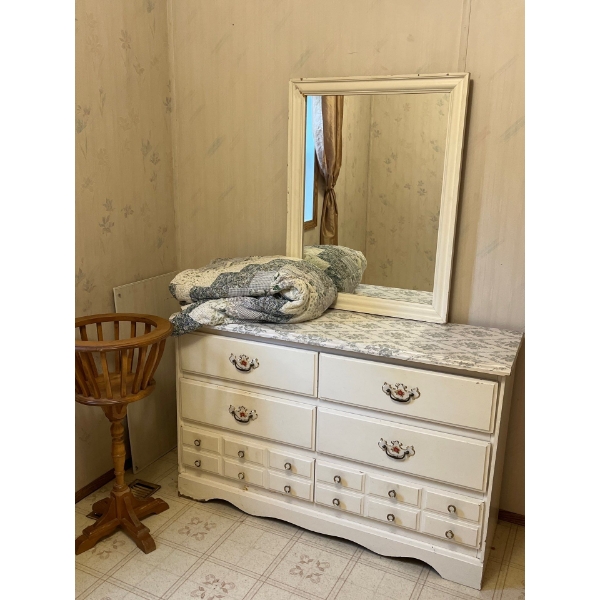  vintage white dresser, and mirror with oak plant stand and handmade blanket