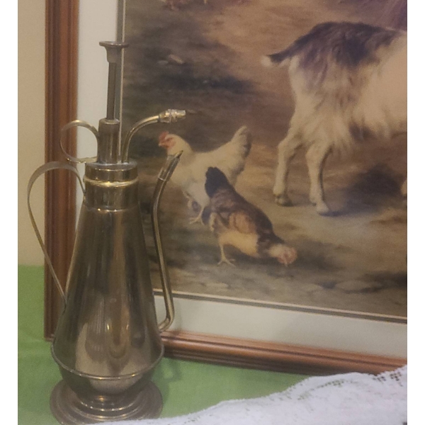 Decor Lot: Framed Farm Print, Wood Stool, Linens, Brass Pitcher, Kitchen Items
