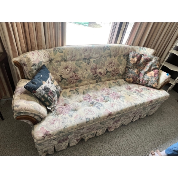 vintage style floral sofa 79” L x 33w with wooden accents on the arm & base with the matching chair
