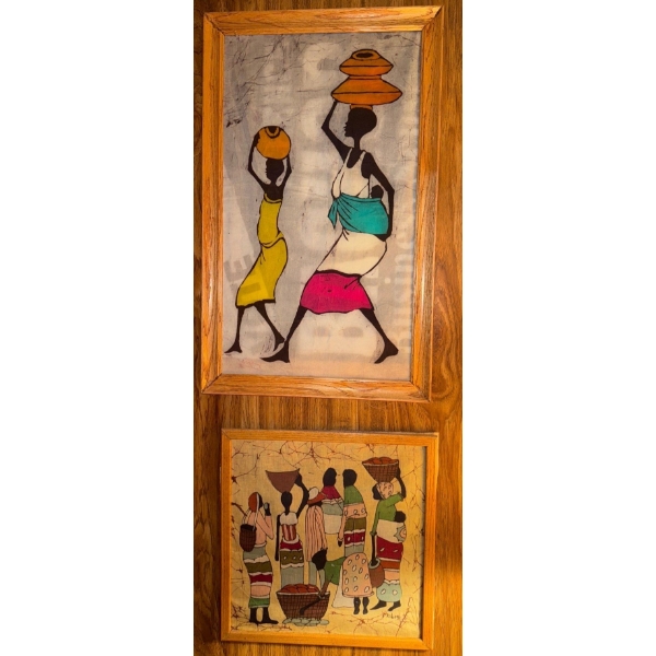 Two Pieces of African Abstract Figures Dancing Folk Art w/wood frame