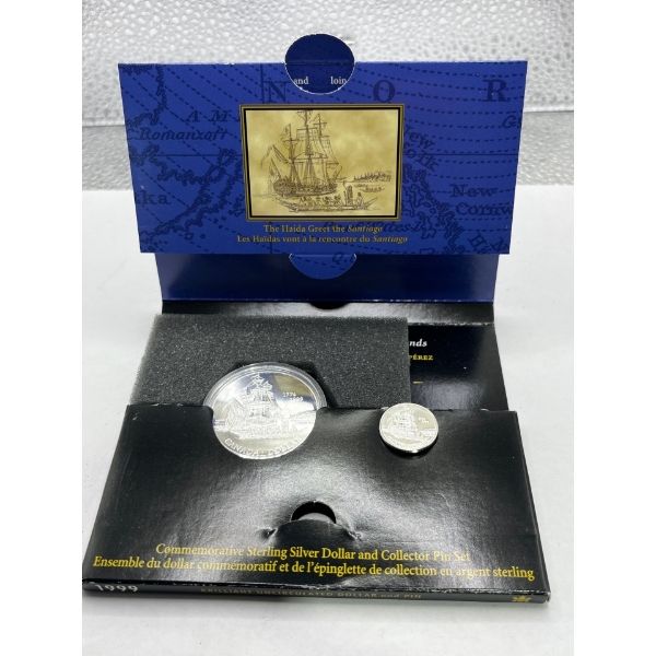 Silver Dollar and Collector Pin Set "Sighting of the Queen Charolette Islands" 92.5% Silver 27.575g