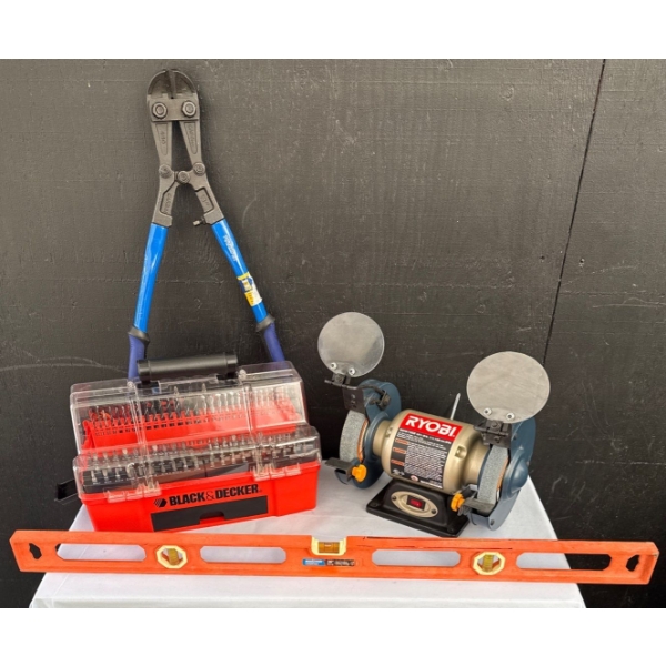 New Tool Collection - Ryobi Bench Grinder 18" Powerfist Bolt Cutters Black & Decker Bit Set