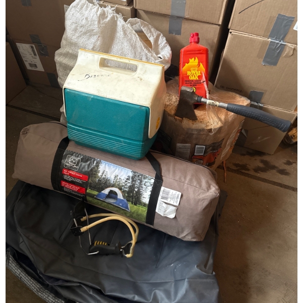 Camper's Pack - Easy Assembly Tent Insulated Mini Cooler Bundles Of Precut Firewood Hatchet & More