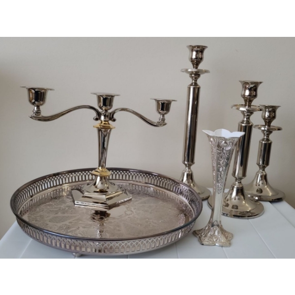 Metalware Featuring Candelabra Regal Silver Zinc, Candlesticks, Tray and More! 