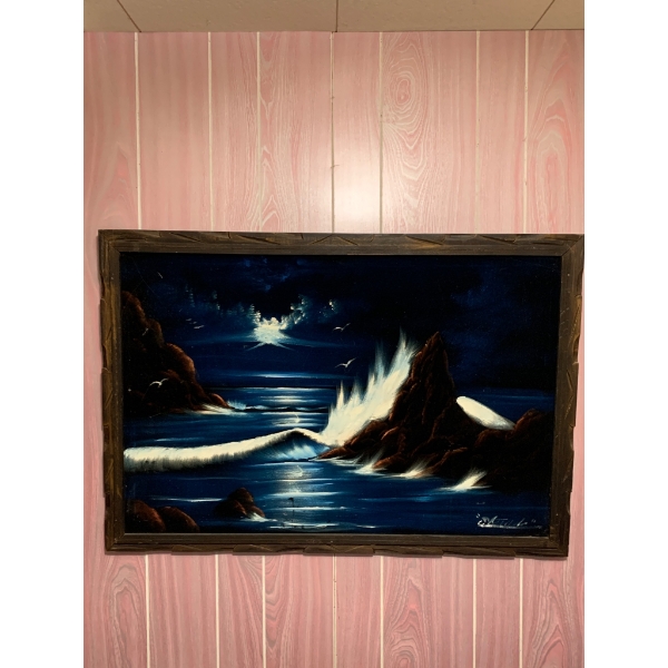 Vintage 70s Large Oil Painting Depicting a Moonlit Ocean Scene With Waves and Rocks