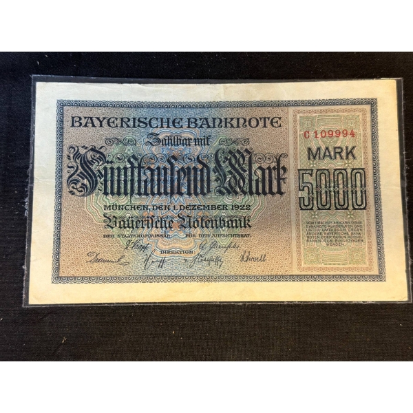 1922 Bavarian State Banknote, 5000 Mark Denomination