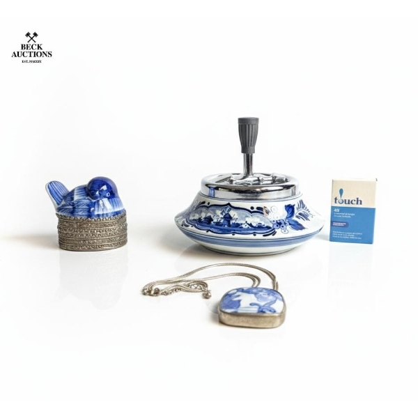 Ashtray With A Metal Plunger Mechanism And A Hand-Painted Windmill Scene Delft , Cigarette Matchbox.