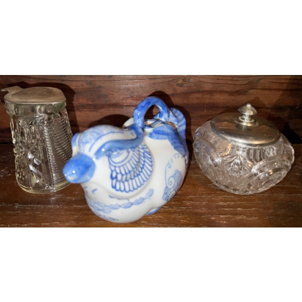 Blue & White Dove  Bird Teapot & Vintage Cut Glass Pattern Cream & Sugar Set 