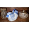 Image 1 : Blue & White Dove  Bird Teapot & Vintage Cut Glass Pattern Cream & Sugar Set 