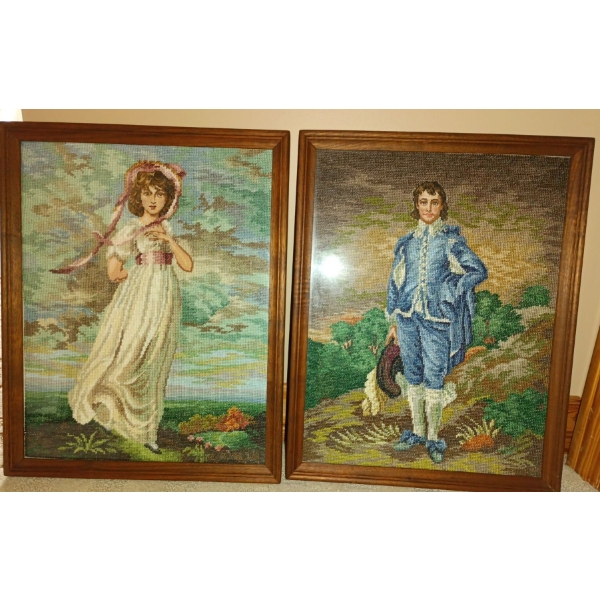 Boy in Blue & Young Girl in White Needlpoint Pair - 13x16 Each 