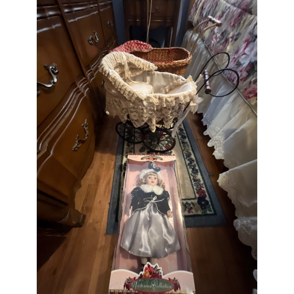 2 small vintage style carriages with new doll in box 