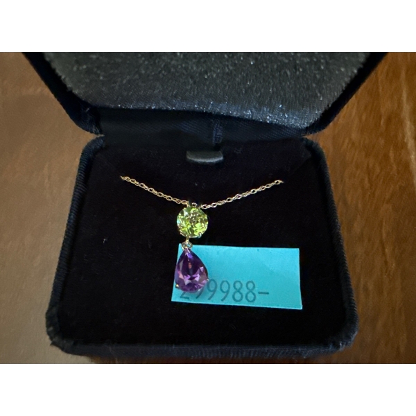 Yellow Gold 10K Stamped Pendant & Chain, Purple & Green Stones, Weighs 1.41g  