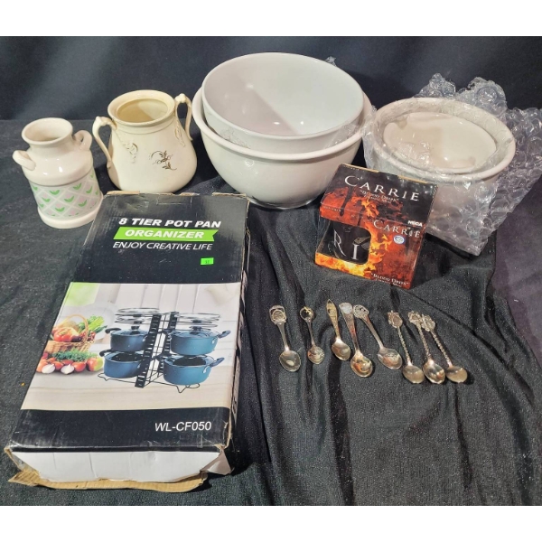 Household Items Including Bowls, Pot Organizer, and Novelty Items