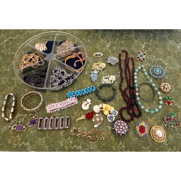 Costume Jewelry Collection #4 - Necklaces, Silver Colored Bracelets,  Broaches, Beading 