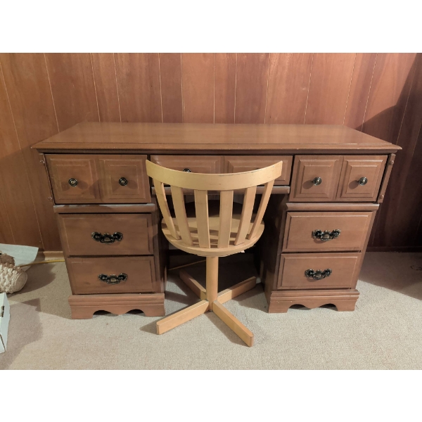 Wooden Desk with Seven Drawers and Matching Wooden Swivel Chair