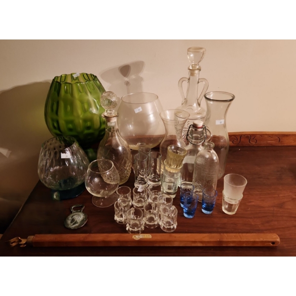 Barware Including: Decorative Brandy Glasses, Green: 12 T, Decanter 14 T,  Shot Glasses, and More!