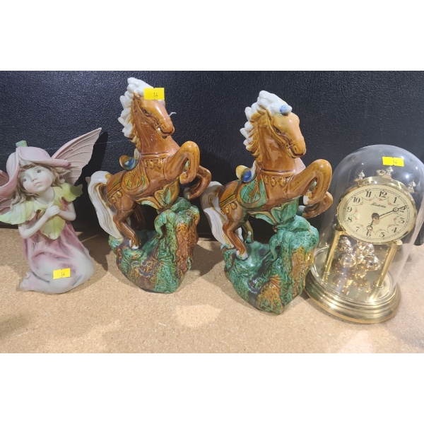Fairy Figurine, Pair of Ceramic Horses 8 X 12, Forestville Clock 9 T 6" Diameter Base