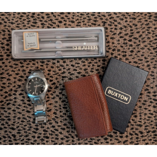 SKAGEN Denmark Men's Time Piece w/ Genuine Leather Buxton Wallet & Sheaffer Fountain Pens