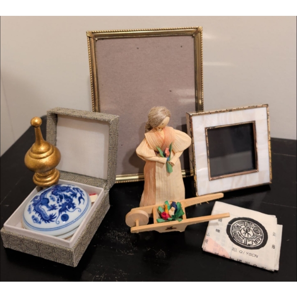 Navy & White Porcelain Pill Box 2"D w/ Assorted Photo Frames & Corn Husk Pioneer 