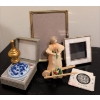 Image 1 : Navy & White Porcelain Pill Box 2"D w/ Assorted Photo Frames & Corn Husk Pioneer 
