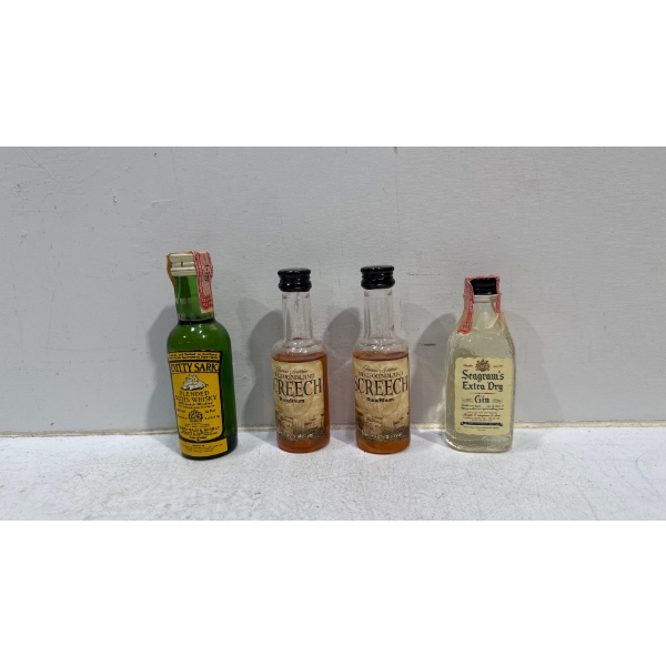 Cutty Sark Scots Whiskey 1/10 pint, 2 Screech Rum 50ml, Seagram's Extra Dry Gin 1/10pint - Sealed