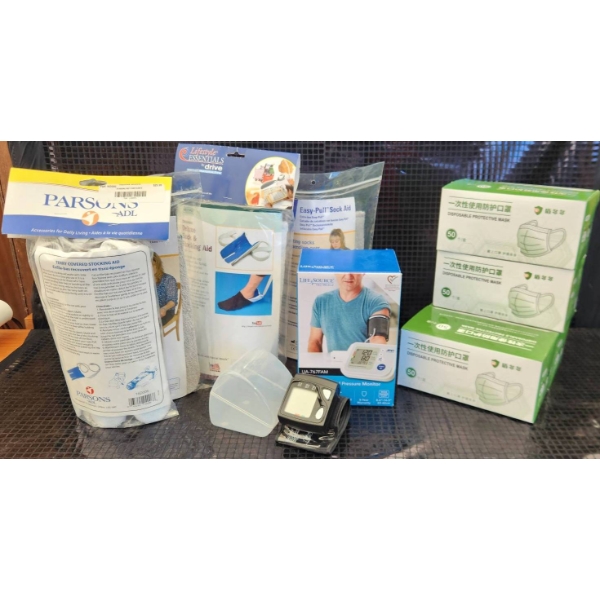 Health Lot With Masks, Blood Pressure Monitors, Sock Aid, And More