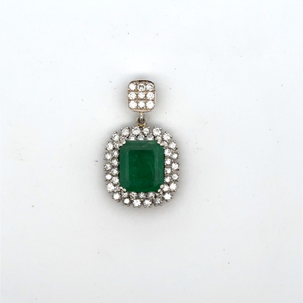 14K White Gold 6.40g Pendant Set with One 5.23ct Emerald and 1.61cttw of Natural Round Cut Diamonds