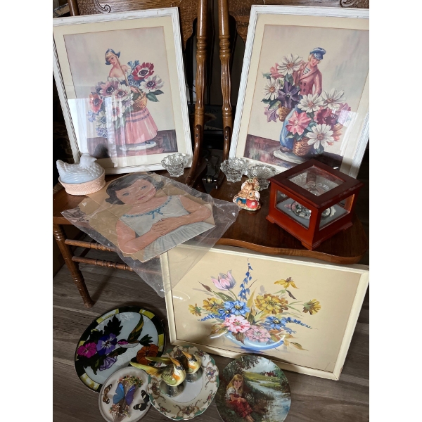 Vintage floral pictures, a vintage paper doll, working music box stain glass, hummingbird picture, a
