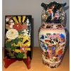 Image 1 : Antique Asian Duel Handled Hand Painted Vase 12" tall w/mirror case