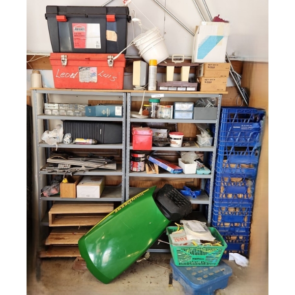 Pair of Metal Utility Shelves 30 w, 58 h, 12 d and Contents Including: Toolboxes, Tools, Milkcrates