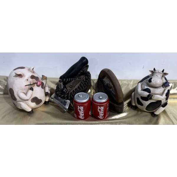 Mix of Decorative Figurines, Novelty Cola Can Salt Shakers, and Vintage Irons