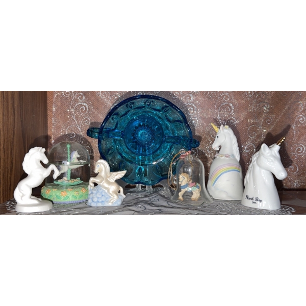 Enesco Unicorn Bells, Blue Glass Serving Plate and More