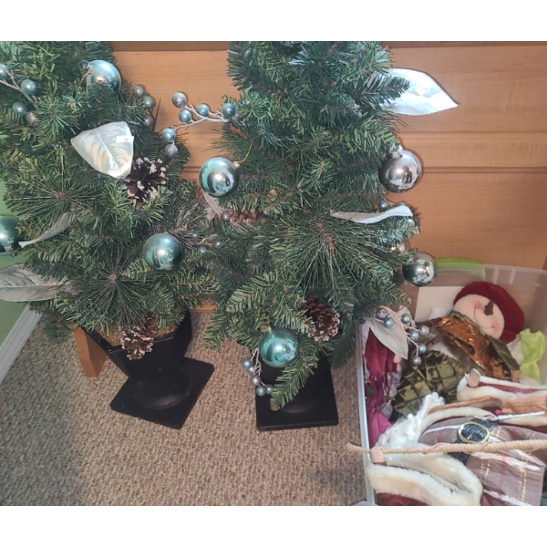 Pair of Mini Evergreens 36 T and Bin of Holiday Decor