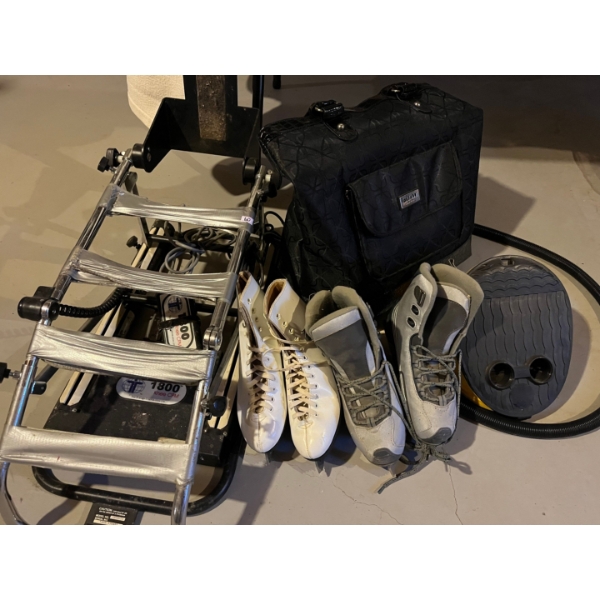 knee exercising machine, two sets of ladies, ice skates, and a designer travel bag