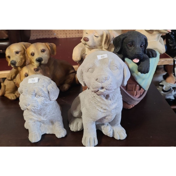 Resin Dogs in Basket Statue 12 T, 8 Diameter Base and 2X Concrete Single Dogs, Resin Group of Dogs