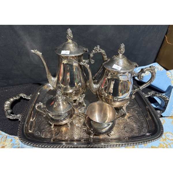 B.P. Brass Lead Tea Set 13T w/ Tray & Round Table Clothes & Napkins 