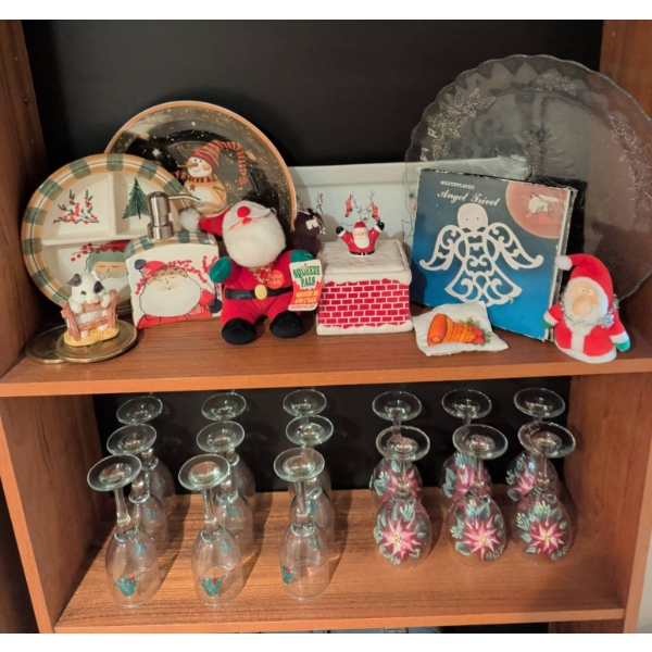 Holiday Decor Set with Glassware, Santa Figurines, and Plates