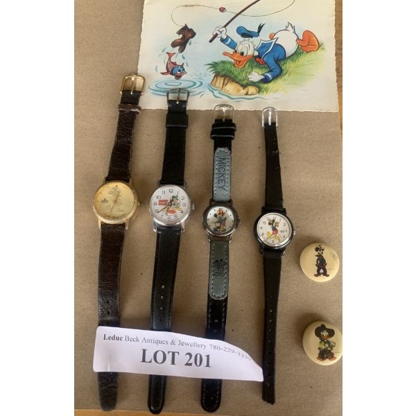 Variety of 4 Mickey Mouse Watches & Vintage Goofy Pin