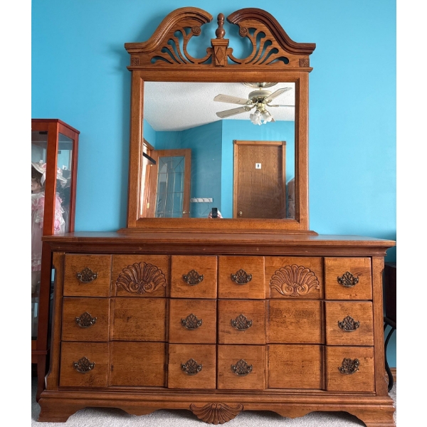 Stunning! Ashley Signature Collection Walnut Dressing Table w/ Seashell Detail & Mirror 73x18x84