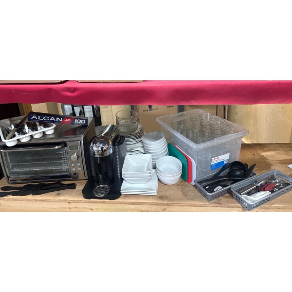 Kitchen Essentials Including Oven, Dishware, and Utensils