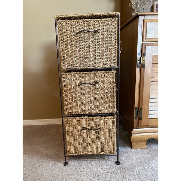 Wicker Storage Rack 12 x 12 x 30T Including Contents Doilies, Candles, Table Mats