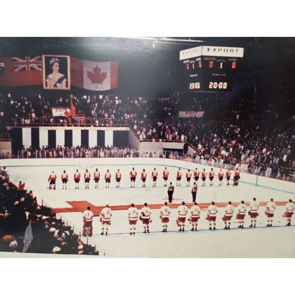 Vintage Print of Canada Hockey Match with Flags and Stands