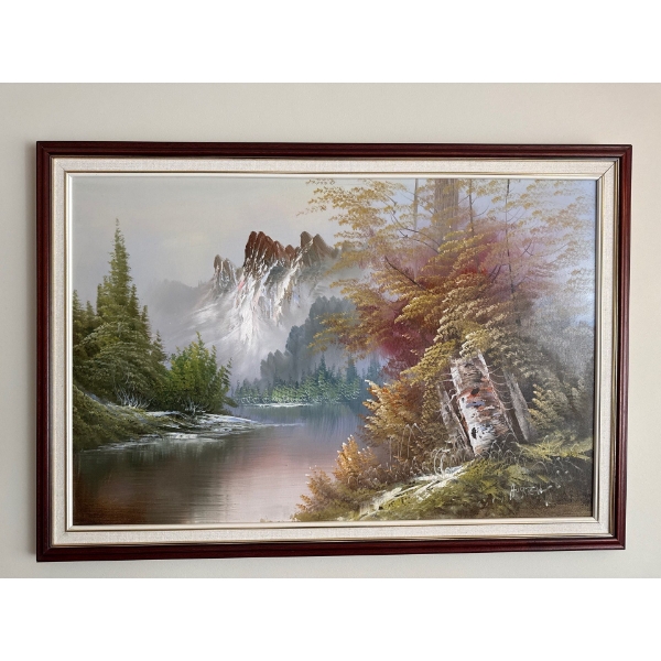 Landscape Painting- Oil on Canvas 41x29 Artist Illegible -Vintage Art