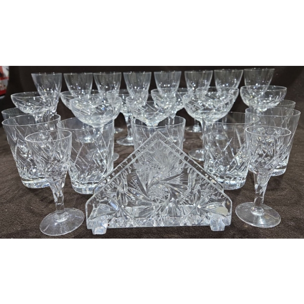Collection Of Crystal Drink Ware + Crystal Napkin Holder