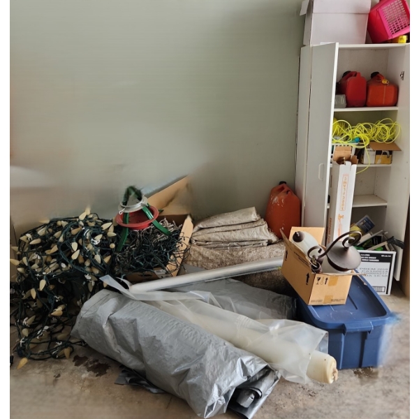 White MDF Cupboard 24 w, 60 h, 12 d and Contents Including: B&D Jigsaw 7543-04, Tarps, and More!