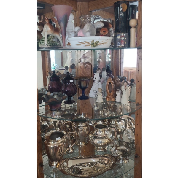 Contents of Cabinet- Decor: Ceramic Deer 7 W, 7 T, Metalware Pitcher 7 T, Angel Figurines and More!