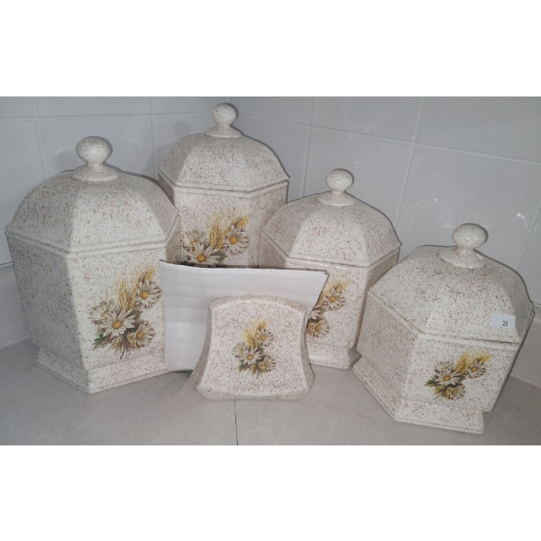Set of 4 Vintage Ceramic Canisters (Tallest 11 T) and Napkin Holder 
