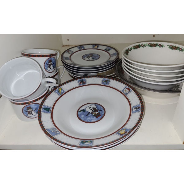 Assorted Kitchenware Including: Snowman Mugs, Plates and Bowls