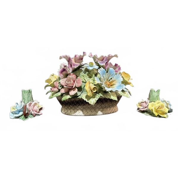 Capodimonte Porcelain Flower Basket Centrepiece and Candleholders