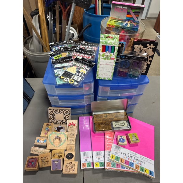 Crafting Supplies Including Stamps, Ink Pads, Cardstock, and Accessories